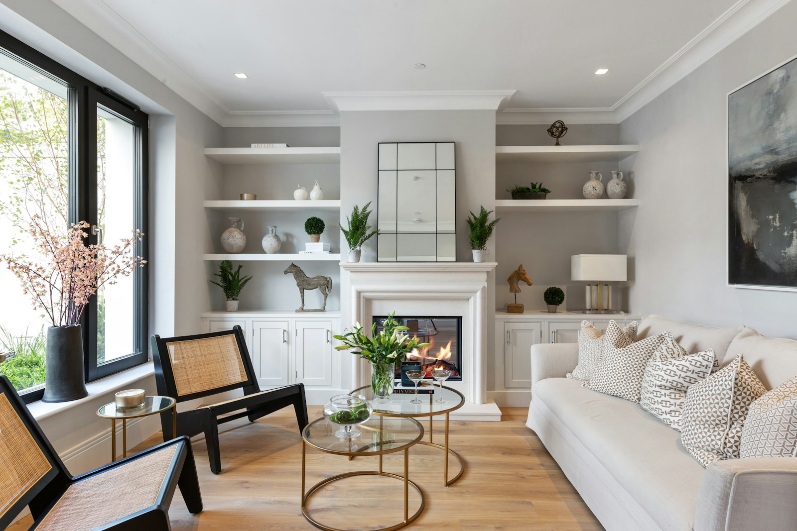 A bright, tastefully staged New England living room